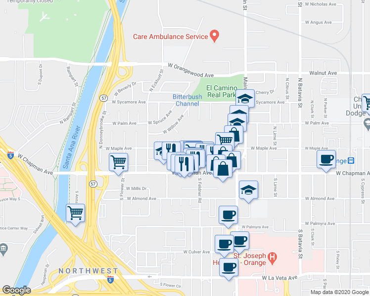 map of restaurants, bars, coffee shops, grocery stores, and more near 152 North Fir Street in Orange