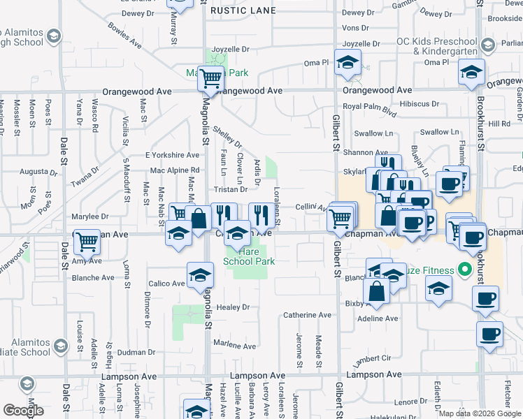map of restaurants, bars, coffee shops, grocery stores, and more near 9193 Chapman Avenue in Garden Grove