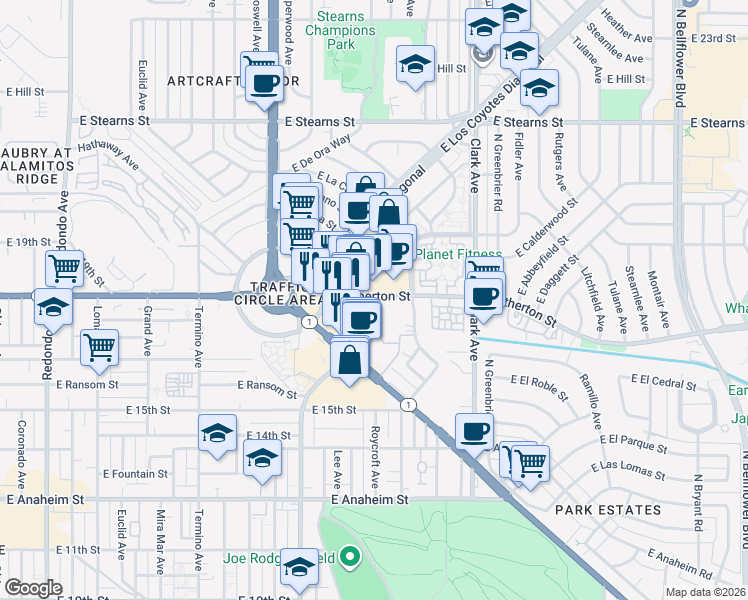 map of restaurants, bars, coffee shops, grocery stores, and more near 1742 Ximeno Avenue in Long Beach