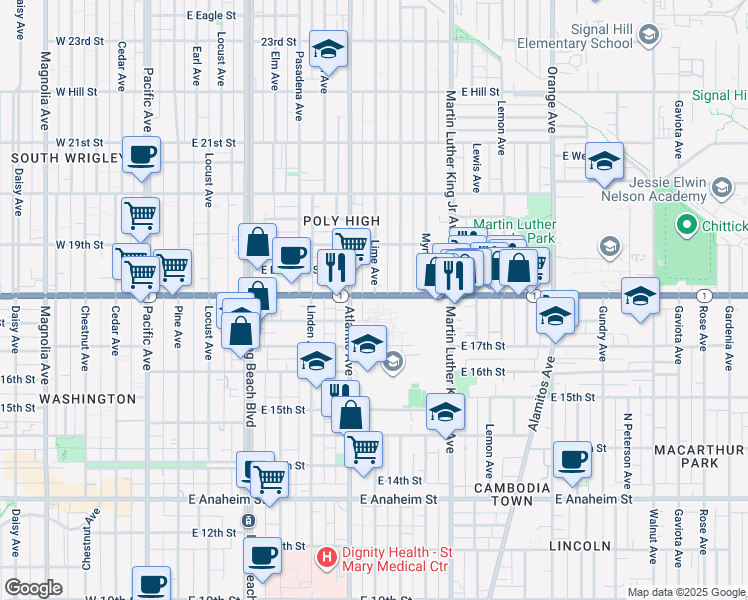 map of restaurants, bars, coffee shops, grocery stores, and more near 630 California 1 in Long Beach
