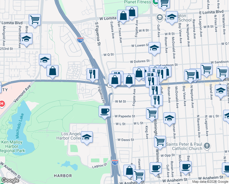 map of restaurants, bars, coffee shops, grocery stores, and more near 1396 South Figueroa Street in Los Angeles