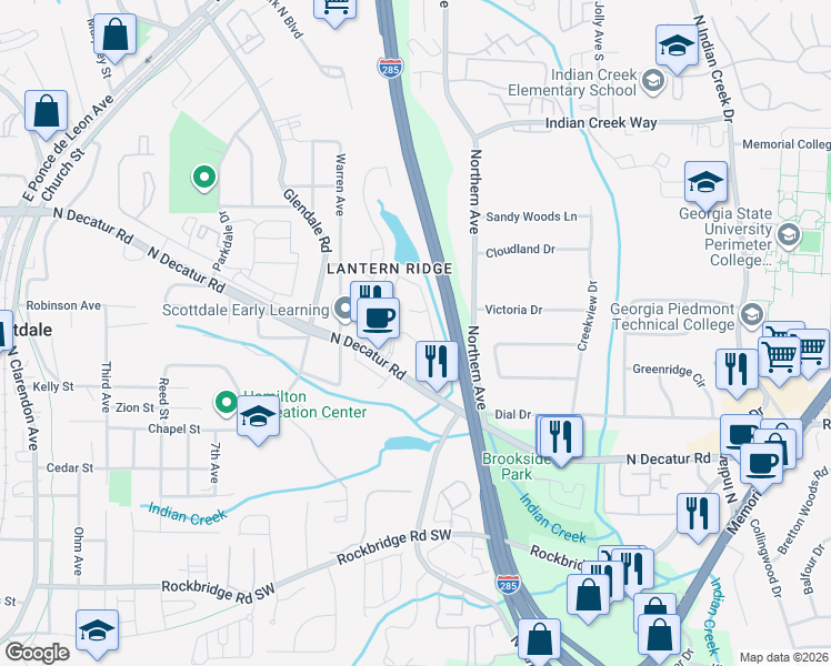 map of restaurants, bars, coffee shops, grocery stores, and more near 3638 Lantern Crest Cove in Scottdale