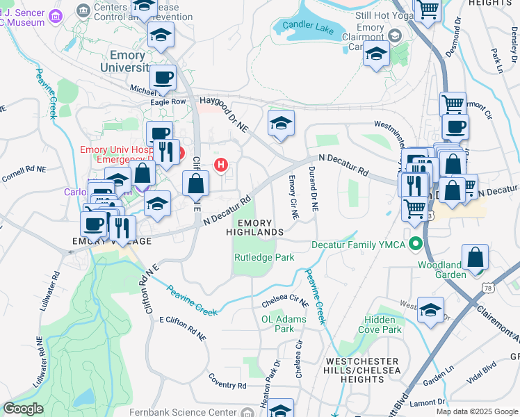 map of restaurants, bars, coffee shops, grocery stores, and more near 483 Burlington Road Northeast in Atlanta
