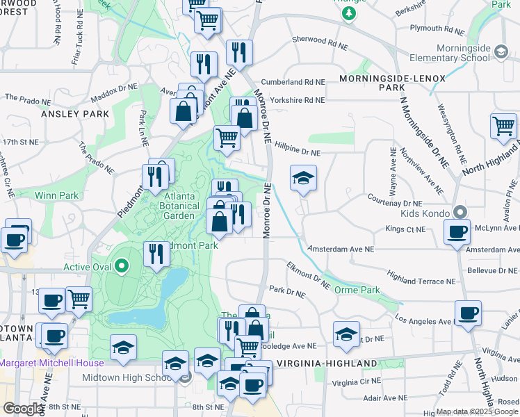 map of restaurants, bars, coffee shops, grocery stores, and more near 1256 Monroe Drive Northeast in Atlanta