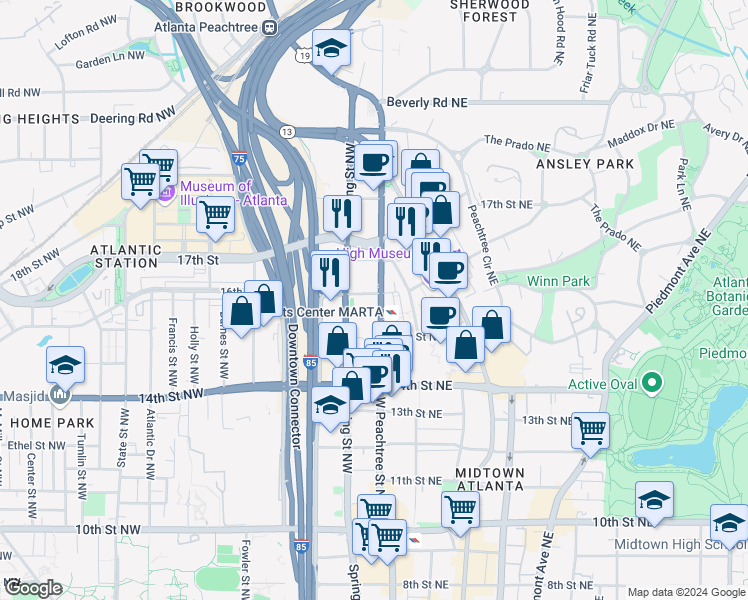 map of restaurants, bars, coffee shops, grocery stores, and more near 1280 West Peachtree Street Northwest in Atlanta