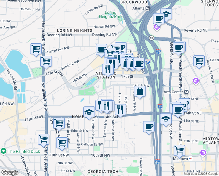 map of restaurants, bars, coffee shops, grocery stores, and more near 370 16th Street Northwest in Atlanta