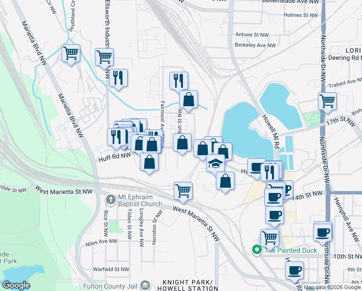map of restaurants, bars, coffee shops, grocery stores, and more near in Atlanta