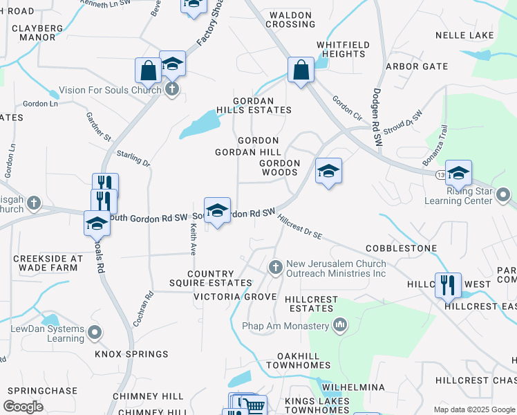 map of restaurants, bars, coffee shops, grocery stores, and more near 355 South Gordon Road Southwest in Mableton