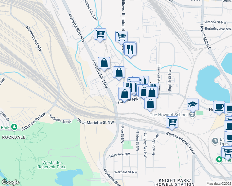 map of restaurants, bars, coffee shops, grocery stores, and more near Ellsworth Drive Northwest in Atlanta
