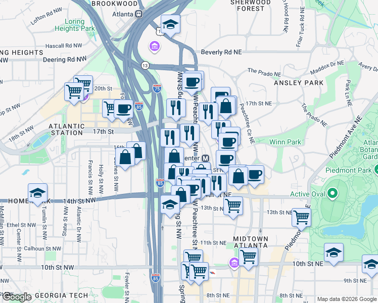 map of restaurants, bars, coffee shops, grocery stores, and more near in Atlanta