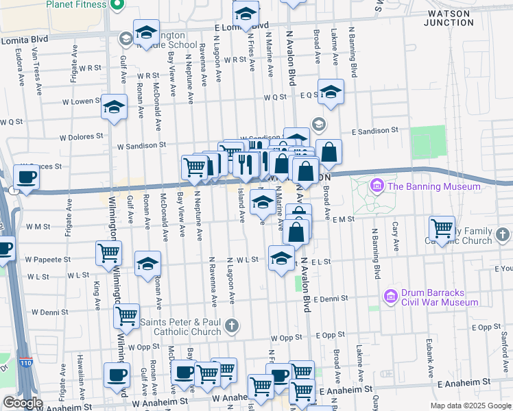map of restaurants, bars, coffee shops, grocery stores, and more near 1301 North Fries Avenue in Los Angeles