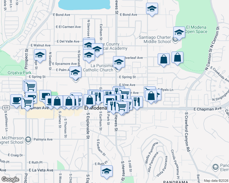 map of restaurants, bars, coffee shops, grocery stores, and more near 11831 Hewes Street in Orange