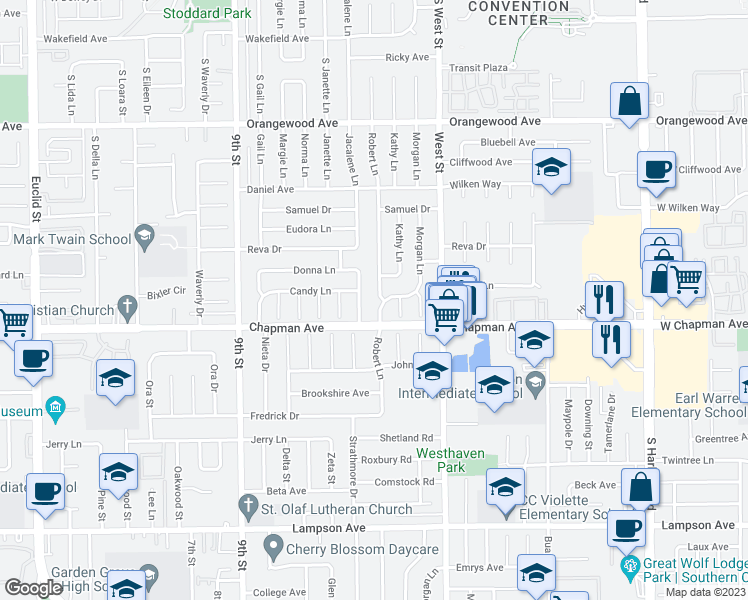 map of restaurants, bars, coffee shops, grocery stores, and more near 11911 Robert Lane in Garden Grove