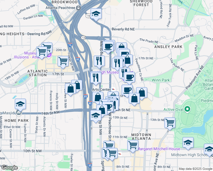map of restaurants, bars, coffee shops, grocery stores, and more near in Atlanta