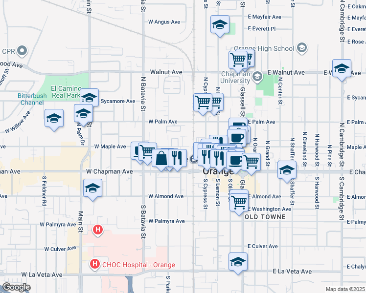 map of restaurants, bars, coffee shops, grocery stores, and more near 563 West Maple Avenue in Orange
