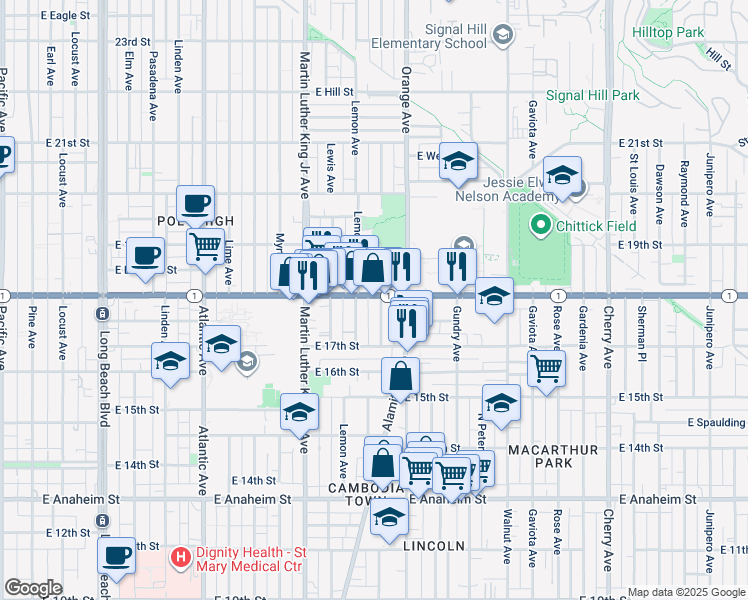 map of restaurants, bars, coffee shops, grocery stores, and more near 1753 Cerritos Avenue in Long Beach