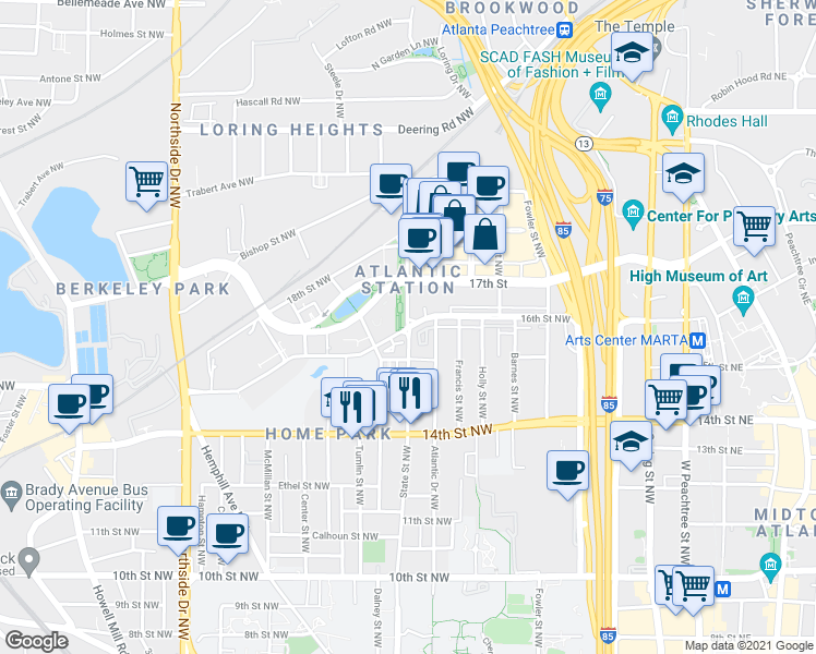 map of restaurants, bars, coffee shops, grocery stores, and more near 16th St NW & State St NW in Atlanta