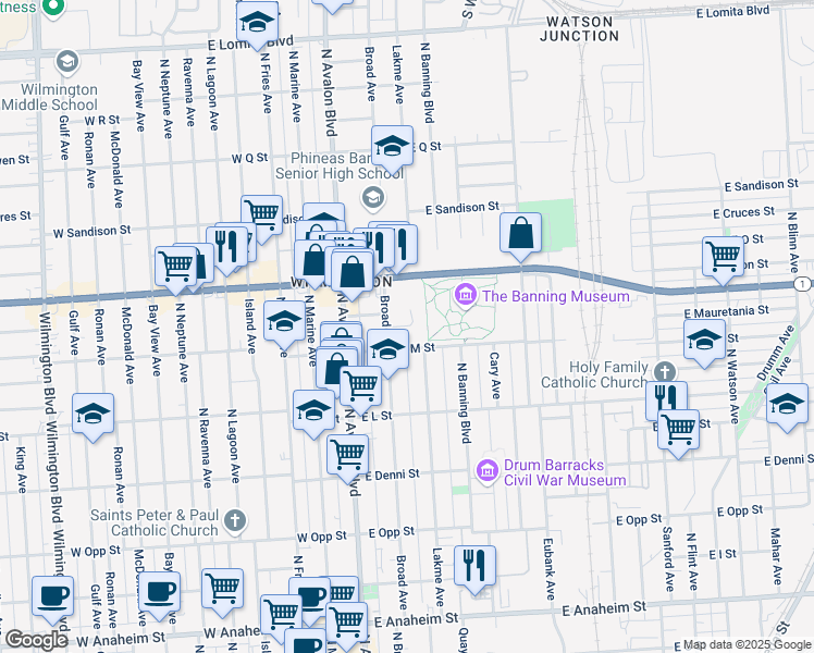 map of restaurants, bars, coffee shops, grocery stores, and more near 331 East N Street in Los Angeles