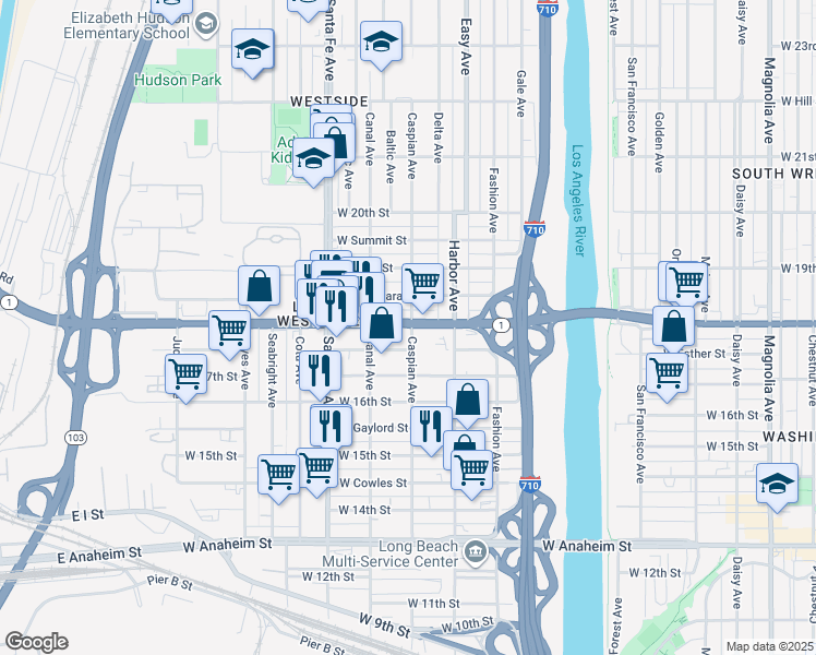 map of restaurants, bars, coffee shops, grocery stores, and more near 1500 West Pacific Coast Highway in Long Beach