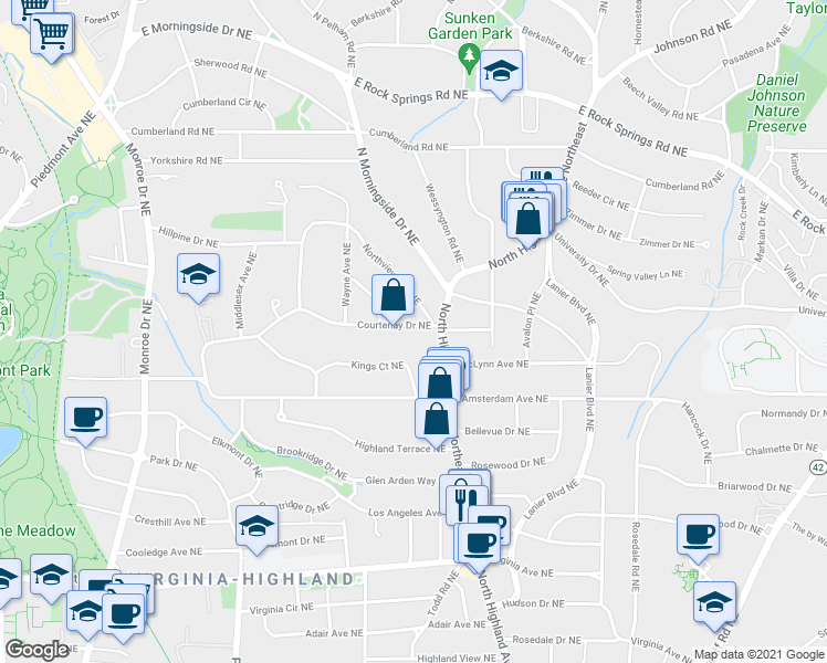 map of restaurants, bars, coffee shops, grocery stores, and more near 927 Courtenay Drive Northeast in Atlanta