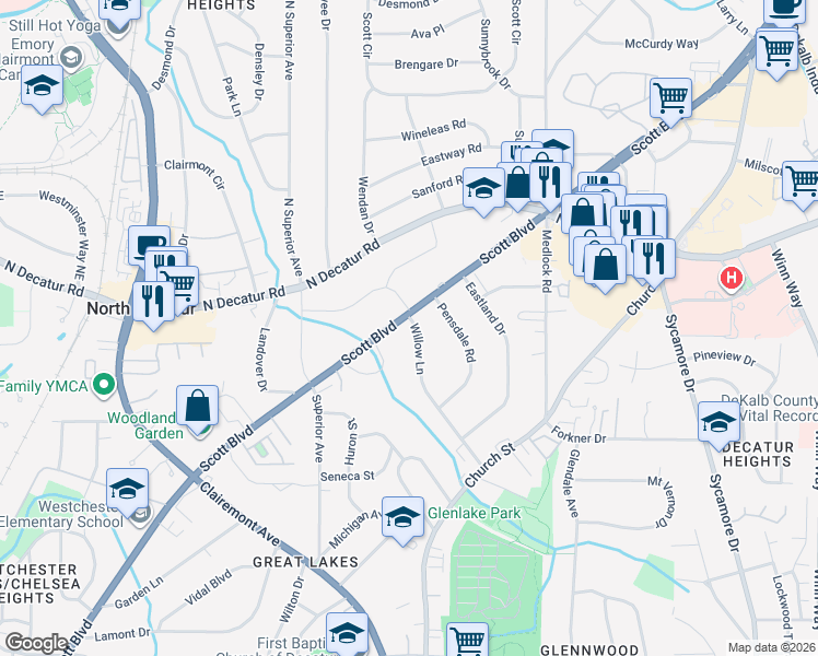 map of restaurants, bars, coffee shops, grocery stores, and more near 1325 Scott Boulevard in Decatur