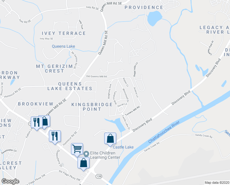 map of restaurants, bars, coffee shops, grocery stores, and more near 46 Tarleton Way in Mableton