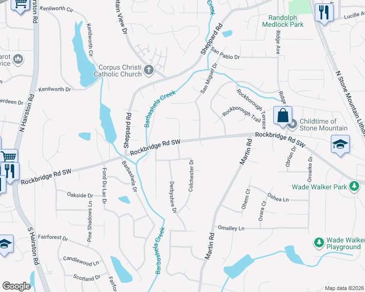 map of restaurants, bars, coffee shops, grocery stores, and more near 5219 Rockbridge Road Southwest in Stone Mountain