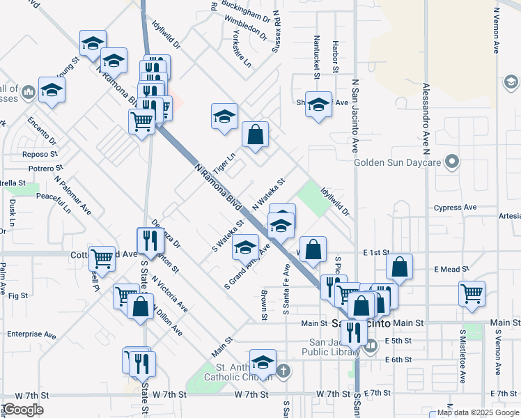map of restaurants, bars, coffee shops, grocery stores, and more near North Wateka Street in San Jacinto