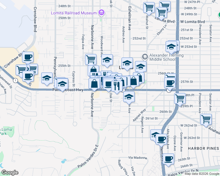 map of restaurants, bars, coffee shops, grocery stores, and more near 2101 Pacific Coast Highway in Lomita