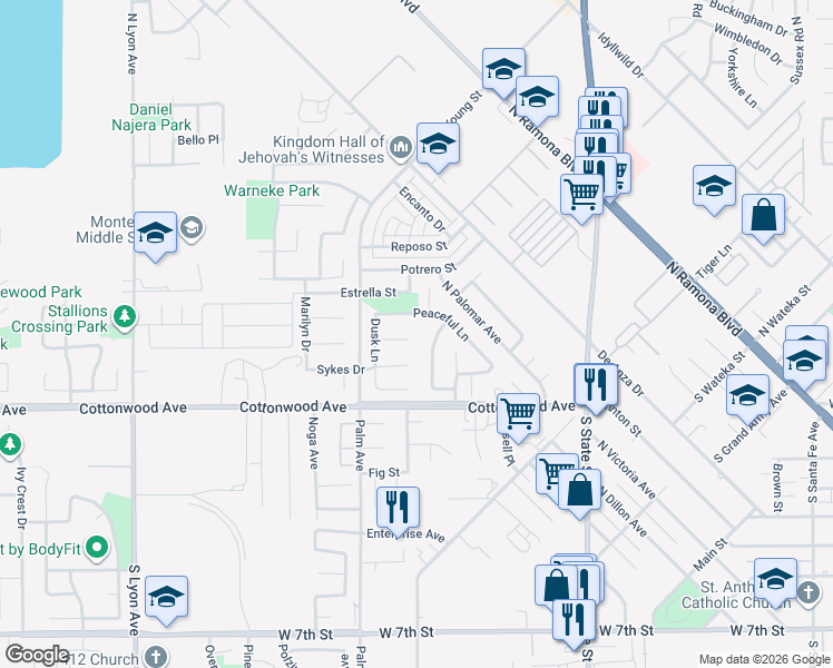 map of restaurants, bars, coffee shops, grocery stores, and more near 1027 Shady Court in San Jacinto