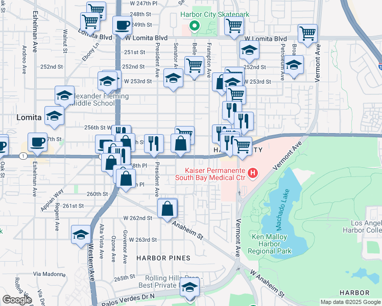 map of restaurants, bars, coffee shops, grocery stores, and more near 1414 California 1 in Los Angeles