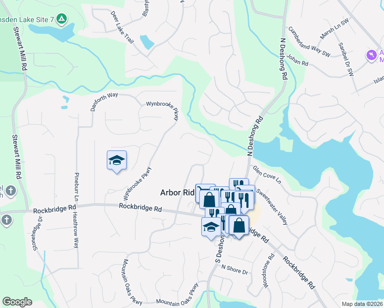 map of restaurants, bars, coffee shops, grocery stores, and more near 457 Arbor Ridge Drive in Stone Mountain