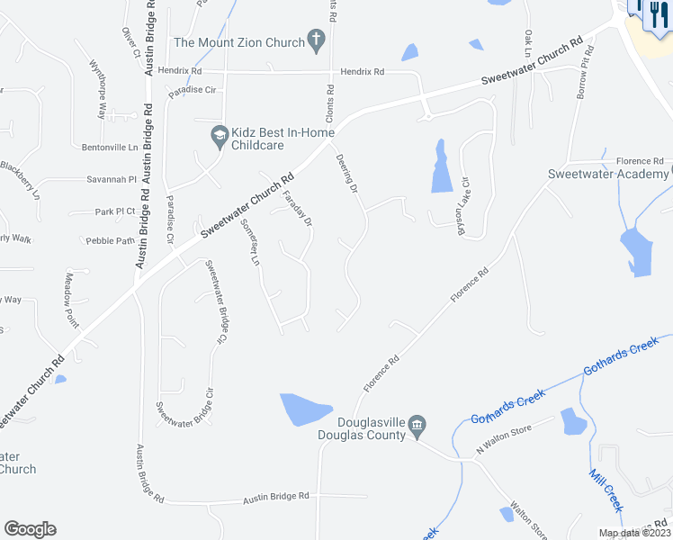 map of restaurants, bars, coffee shops, grocery stores, and more near 390 Deering Drive in Douglasville