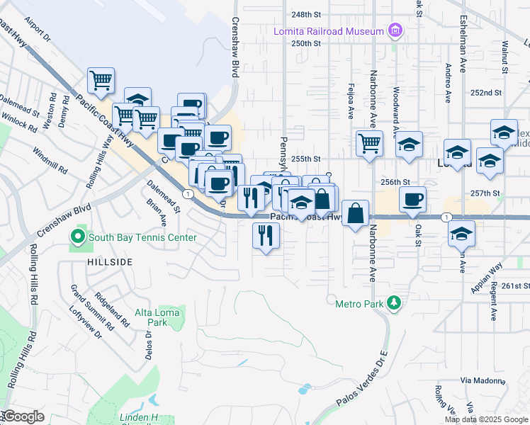 map of restaurants, bars, coffee shops, grocery stores, and more near 2400 Pacific Coast Highway in Lomita
