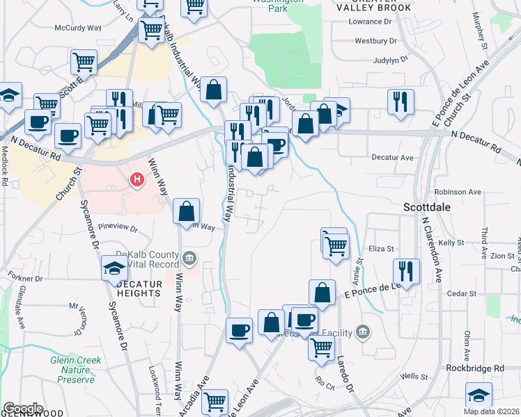map of restaurants, bars, coffee shops, grocery stores, and more near 455 Dekalb Industrial Way in Decatur