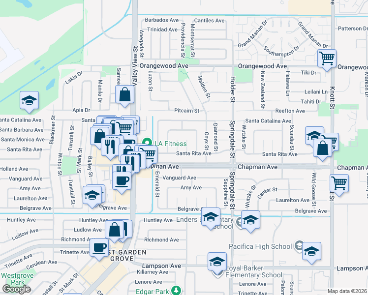 map of restaurants, bars, coffee shops, grocery stores, and more near 11891 Topaz Circle in Garden Grove