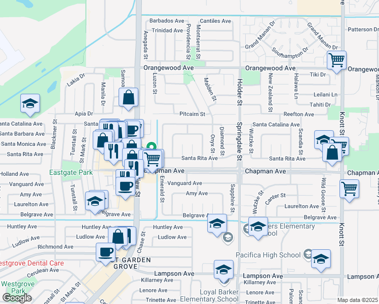map of restaurants, bars, coffee shops, grocery stores, and more near 11891 Topaz Circle in Garden Grove