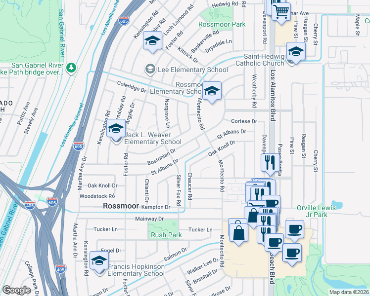 map of restaurants, bars, coffee shops, grocery stores, and more near 3092 Inverness Drive in Los Alamitos