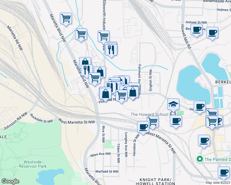 map of restaurants, bars, coffee shops, grocery stores, and more near 1133 Huff Road Northwest in Atlanta