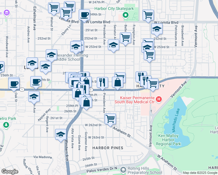 map of restaurants, bars, coffee shops, grocery stores, and more near 1521 West Pacific Coast Highway in Los Angeles