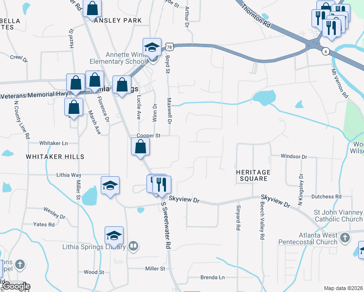 map of restaurants, bars, coffee shops, grocery stores, and more near 6784 Cooper Circle in Lithia Springs