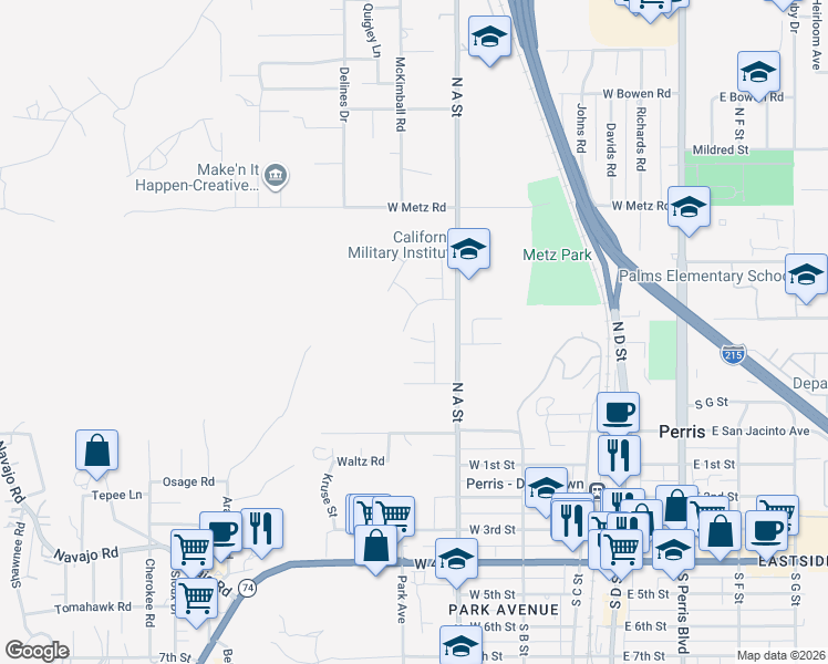 map of restaurants, bars, coffee shops, grocery stores, and more near 642 Dove Drive in Perris