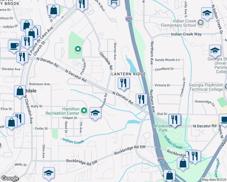 map of restaurants, bars, coffee shops, grocery stores, and more near 495 Glendale Road in Scottdale