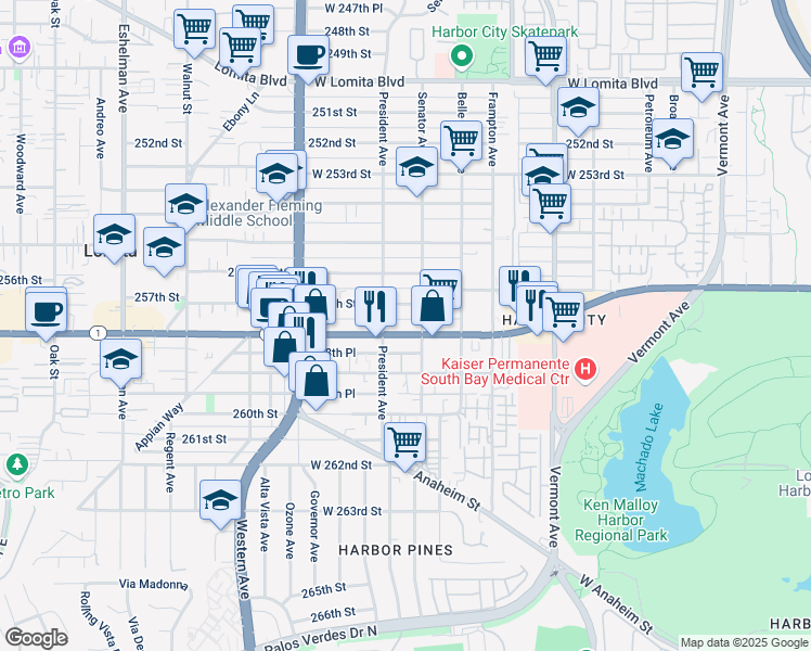 map of restaurants, bars, coffee shops, grocery stores, and more near 1519 257th Street in Los Angeles