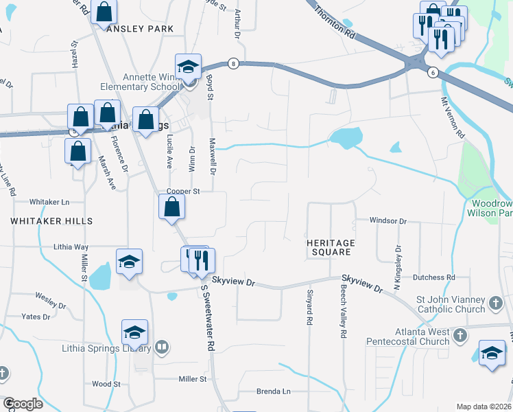 map of restaurants, bars, coffee shops, grocery stores, and more near 2344 Skyline Ridge Drive in Lithia Springs