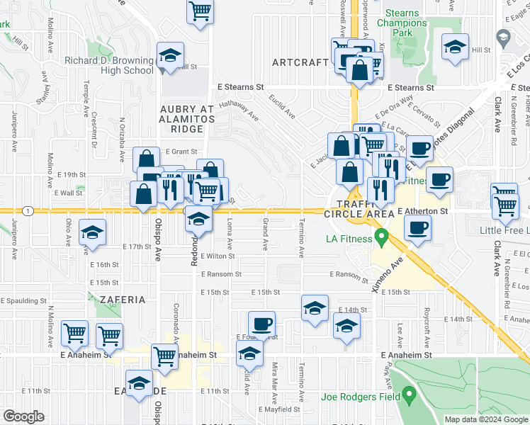 map of restaurants, bars, coffee shops, grocery stores, and more near 3801 East Pacific Coast Highway in Long Beach