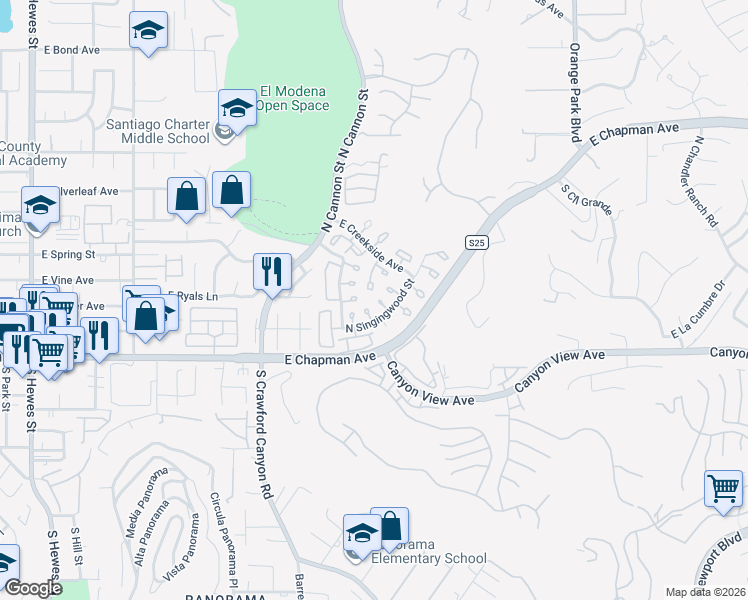 map of restaurants, bars, coffee shops, grocery stores, and more near 222 North Singingwood Street in Orange