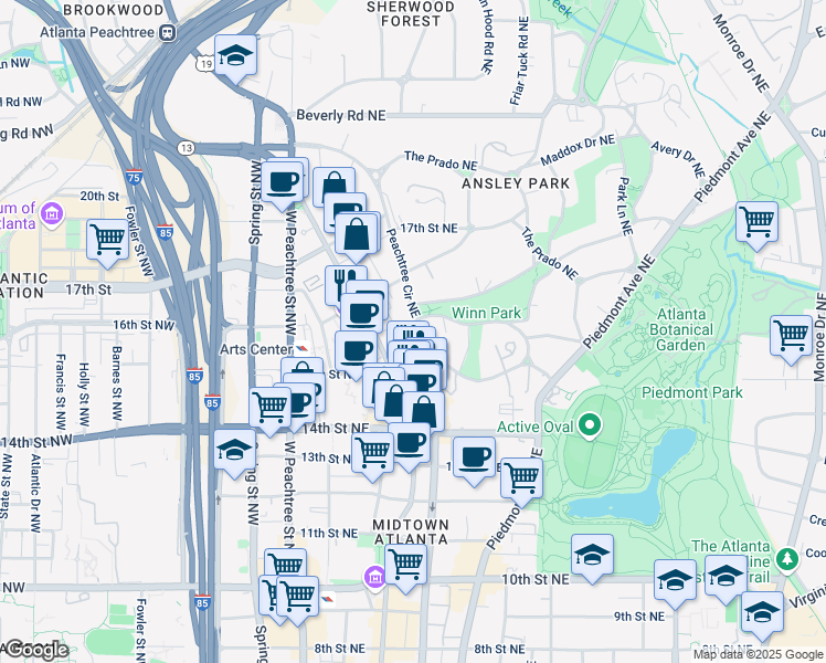 map of restaurants, bars, coffee shops, grocery stores, and more near 34 Peachtree Circle Northeast in Atlanta