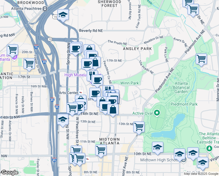 map of restaurants, bars, coffee shops, grocery stores, and more near 56 Peachtree Circle Northeast in Atlanta