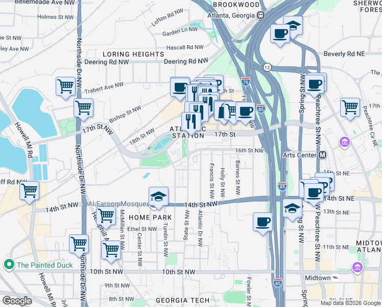 map of restaurants, bars, coffee shops, grocery stores, and more near 16th Street Northwest in Atlanta
